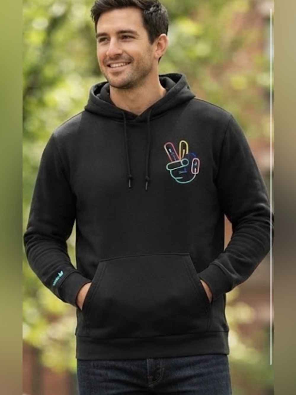 adidas Black Zip-Up Hoodie with Multicolor Peace Hand Graphic